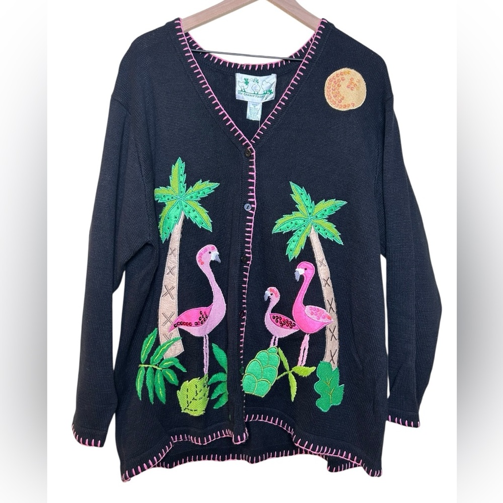 VTG 90s NWOT QUAKER FACTORY Flamingo Embroidered Cardigan Sweater‎ 1X Tropical